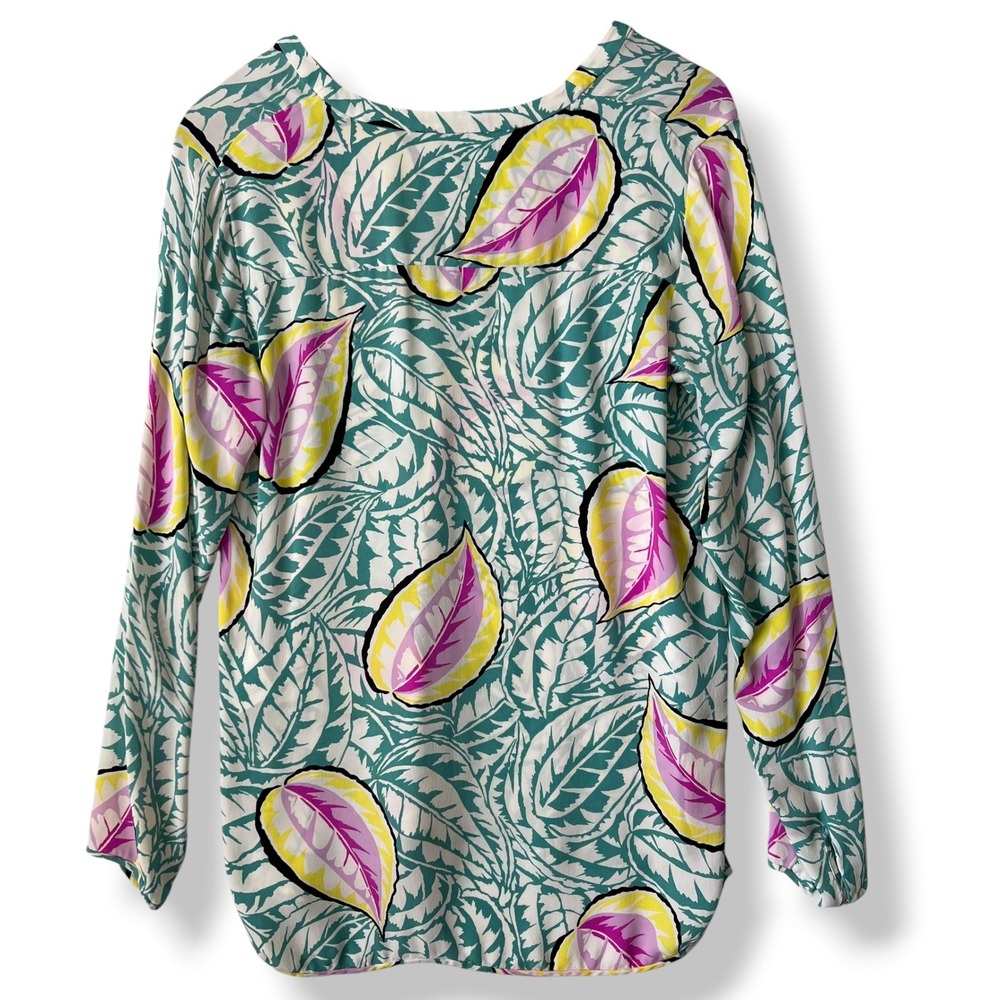Theory 100% Silk Blouse M Georgette Teal Pink Yellow Tropical Leaf Resort Luxury - Picture 2 of 14